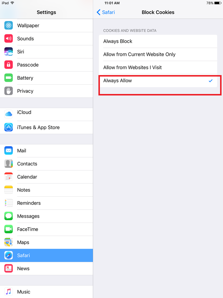 allow third party cookies safari ipad