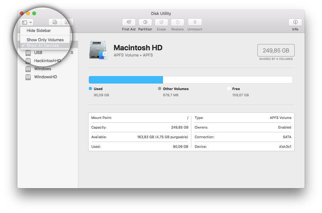 Screenshot of the ?Disk Utility? app when enabling the ?Show all devices? option